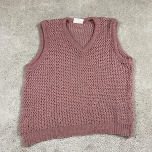 Fire Islander Sweater Vest Womens L Pink Open Knit V Neck Fuzzy Made USA